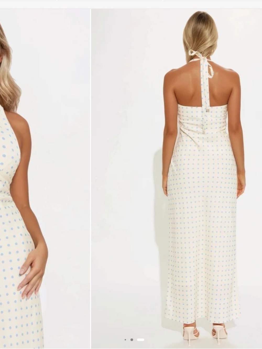 Fashion Nova Cream Halter Maxi Dress with Light Blue Dot Print